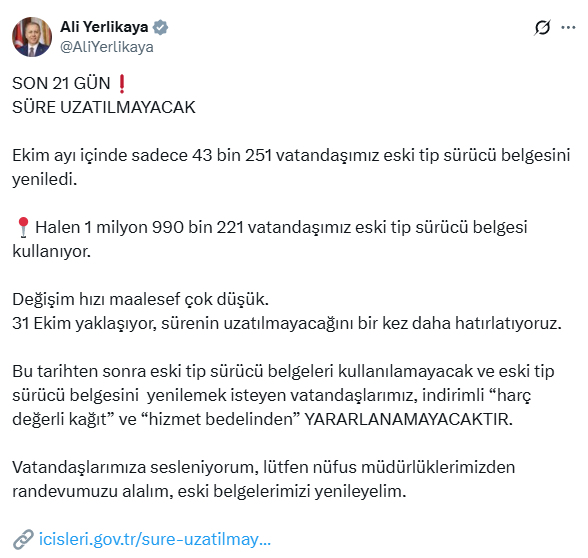 bakan yerlikaya dan ehliyet yenileme icin kritik 19135006 4536 m
