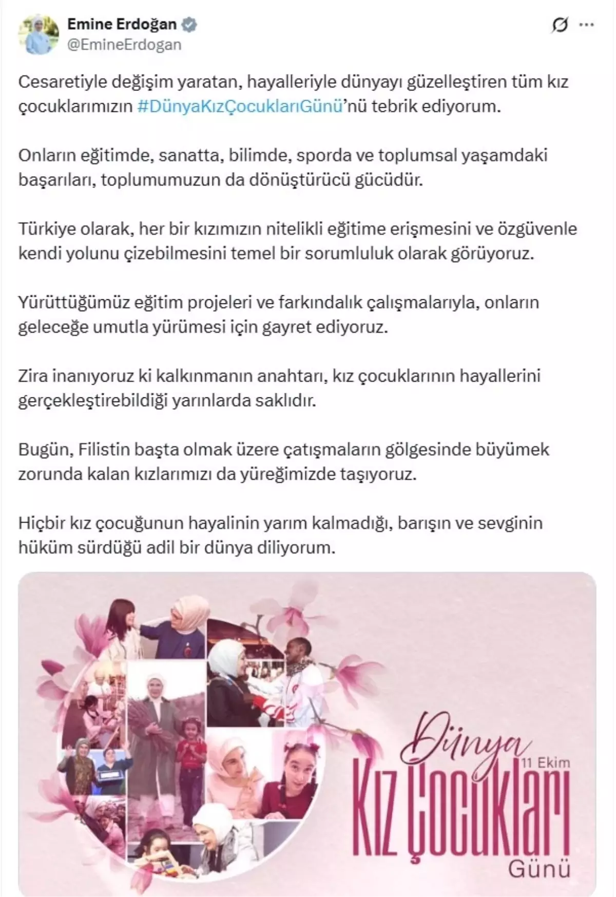 Emine Erdoğan obeležila svetovni dan deklic