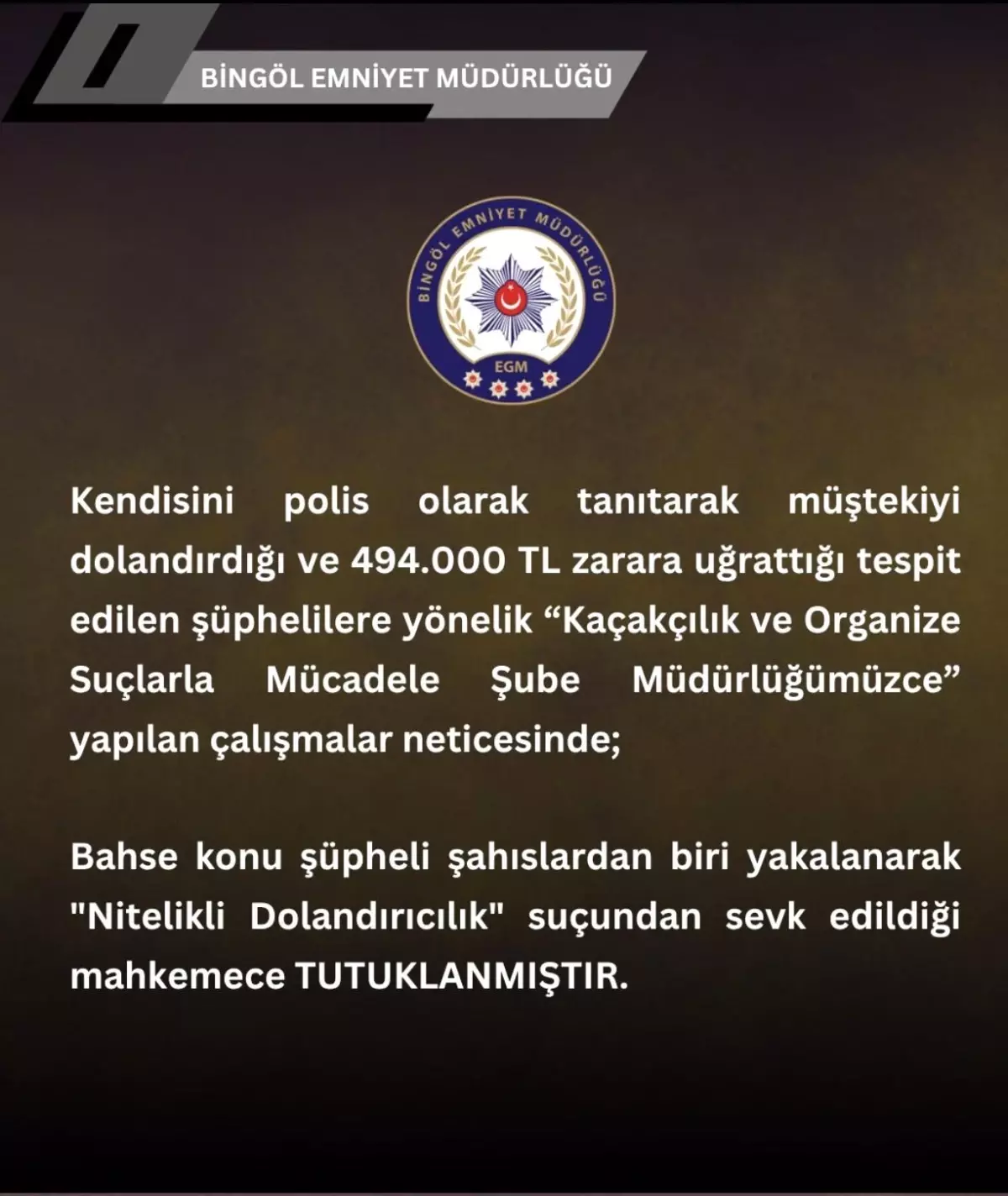 Bingöl'de Polis Kılığında Dolandırıcılık: 494 Bin Lira Çalındı