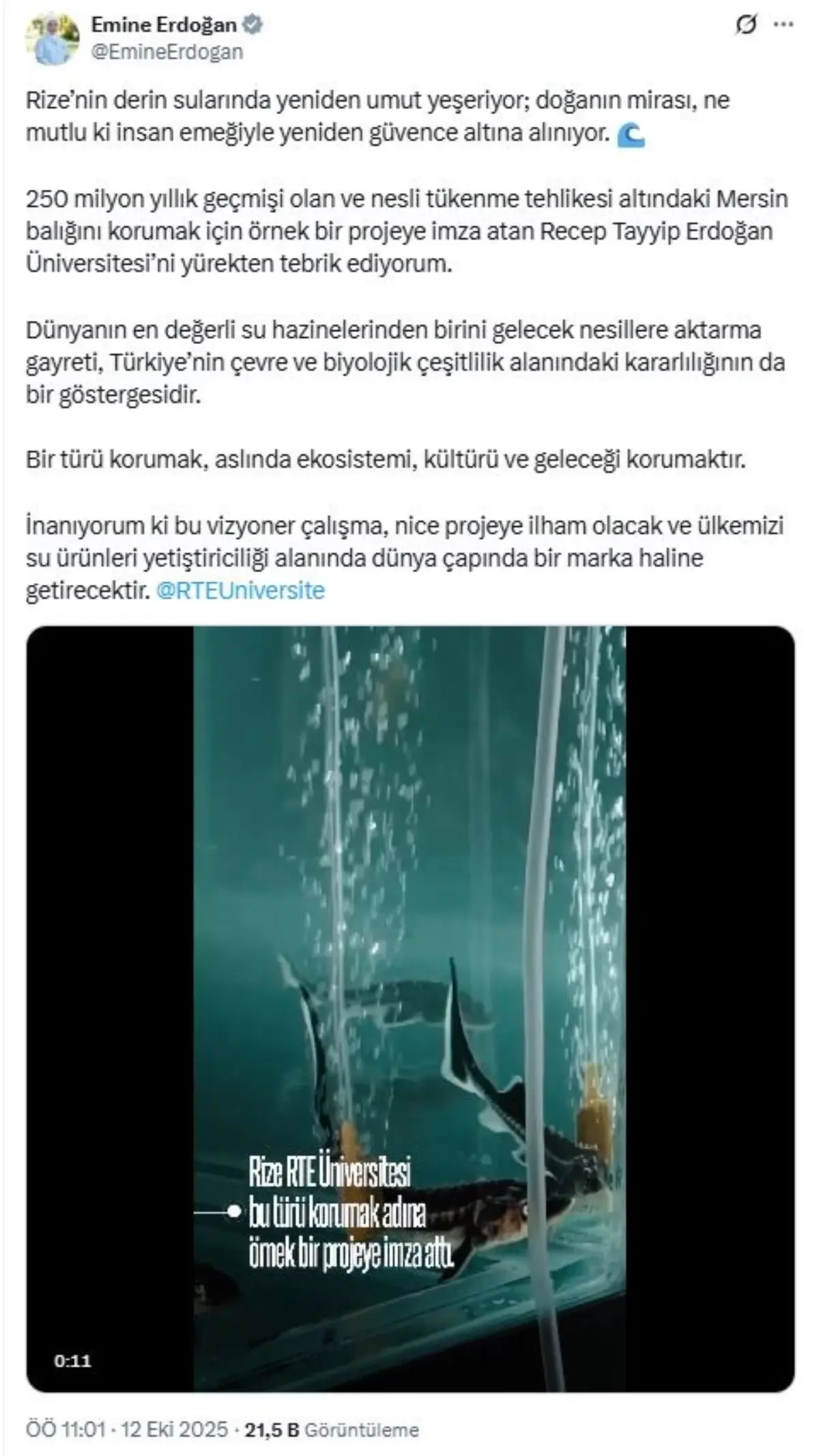 Emine Erdoğan'dan Mersin Balığı Koruma Projesine Destek