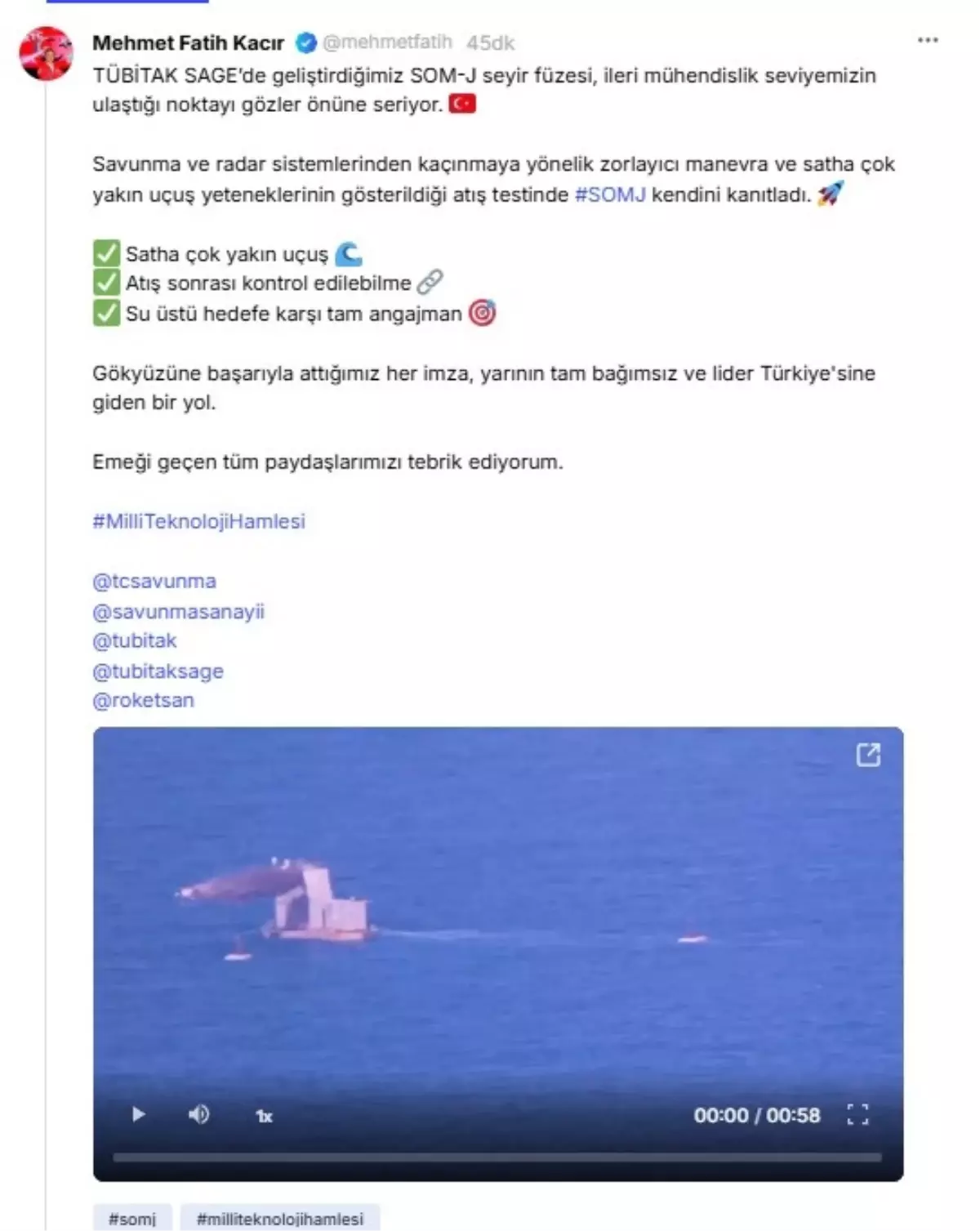 SOM-J Seyir Füzesi Atış Testinde Başarı Elde Edildi