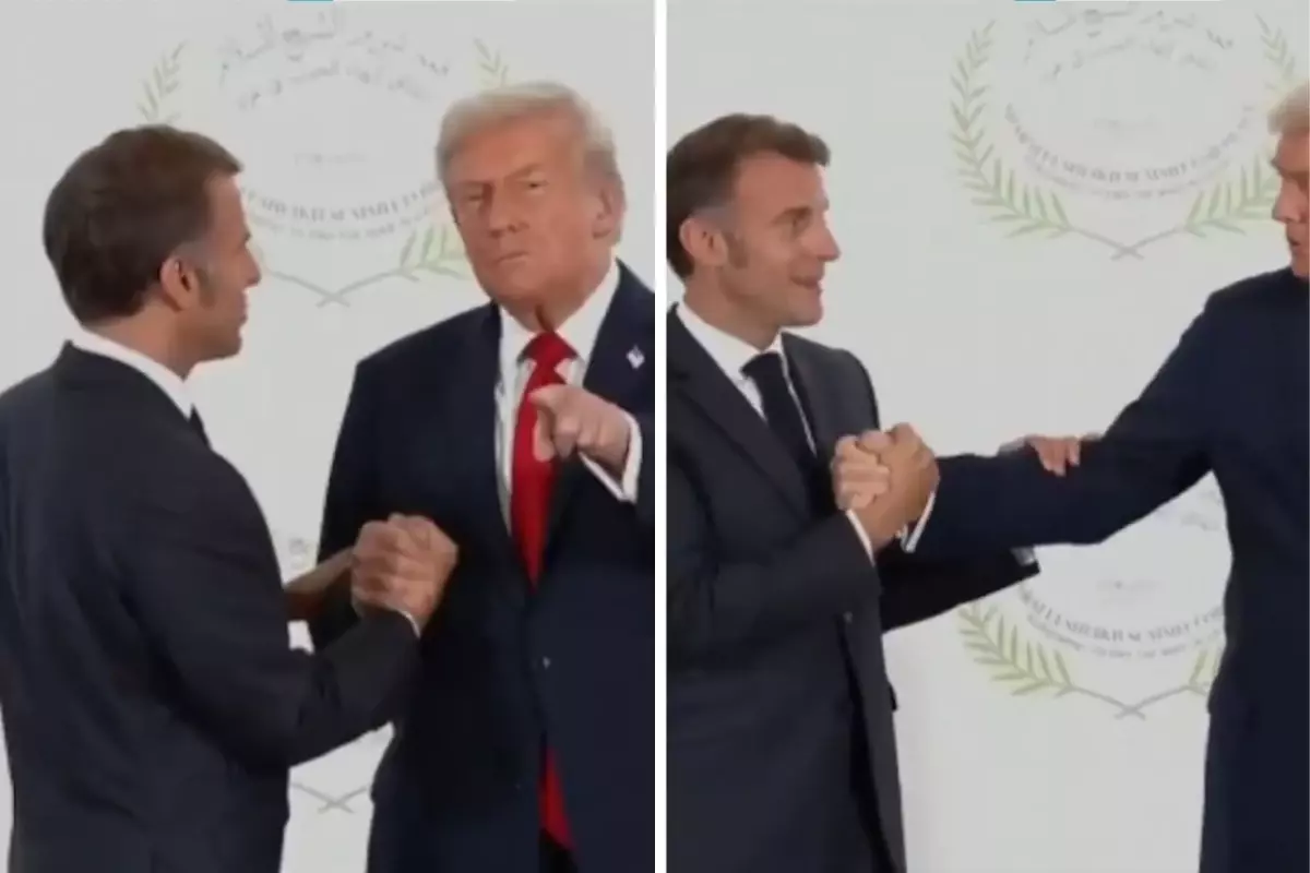 Zirveye damga vuracak görüntüler! Trump ile Macron bilek güreşine tutuştu