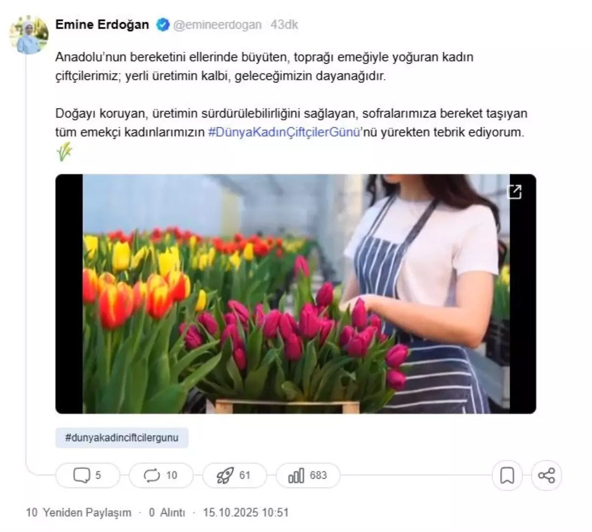 Emine Erdoğan'dan Kadın Çiftçilere Tebrik Mesajı