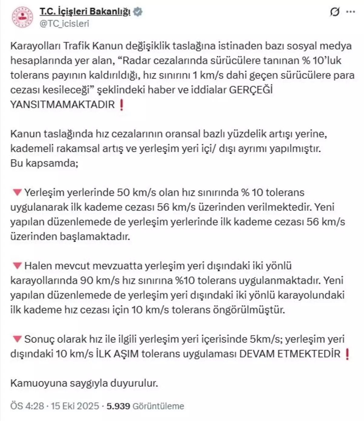 Hız Sınırlarında Yüzde 10 Tolerans Devam Ediyor
