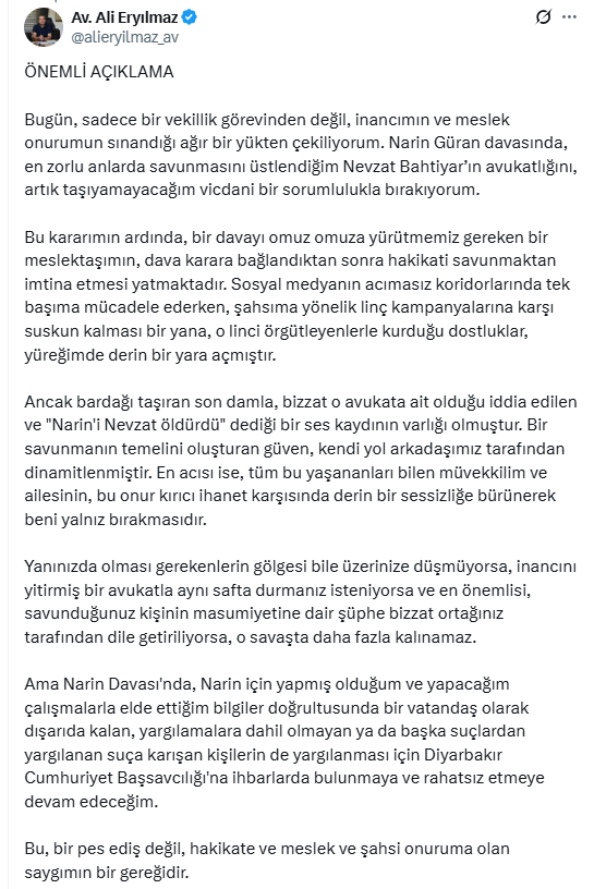 Nevzat Bahtiyar's lawyer withdrew from the case in the Narin murder