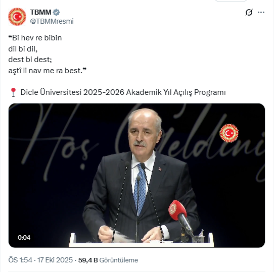 Kurtulmuş kürsüden Kürtçe çağrı yaptı, aynı mesaj TBMM hesabından da paylaşıldı Kurtulmuş kürsüden Kürtçe çağrı yaptı, aynı mesaj TBMM hesabından da paylaşıldı