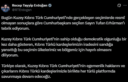 President Erdoğan congratulates Tufan Erhürman, who won the election in the TRNC