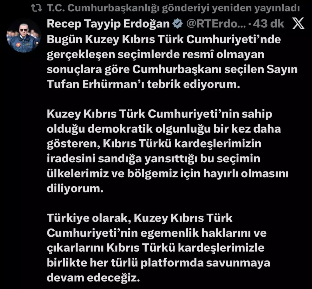 Cumhurbaşkanı Erdoğan, Tufan Erhürman'ı Tebrik Etti