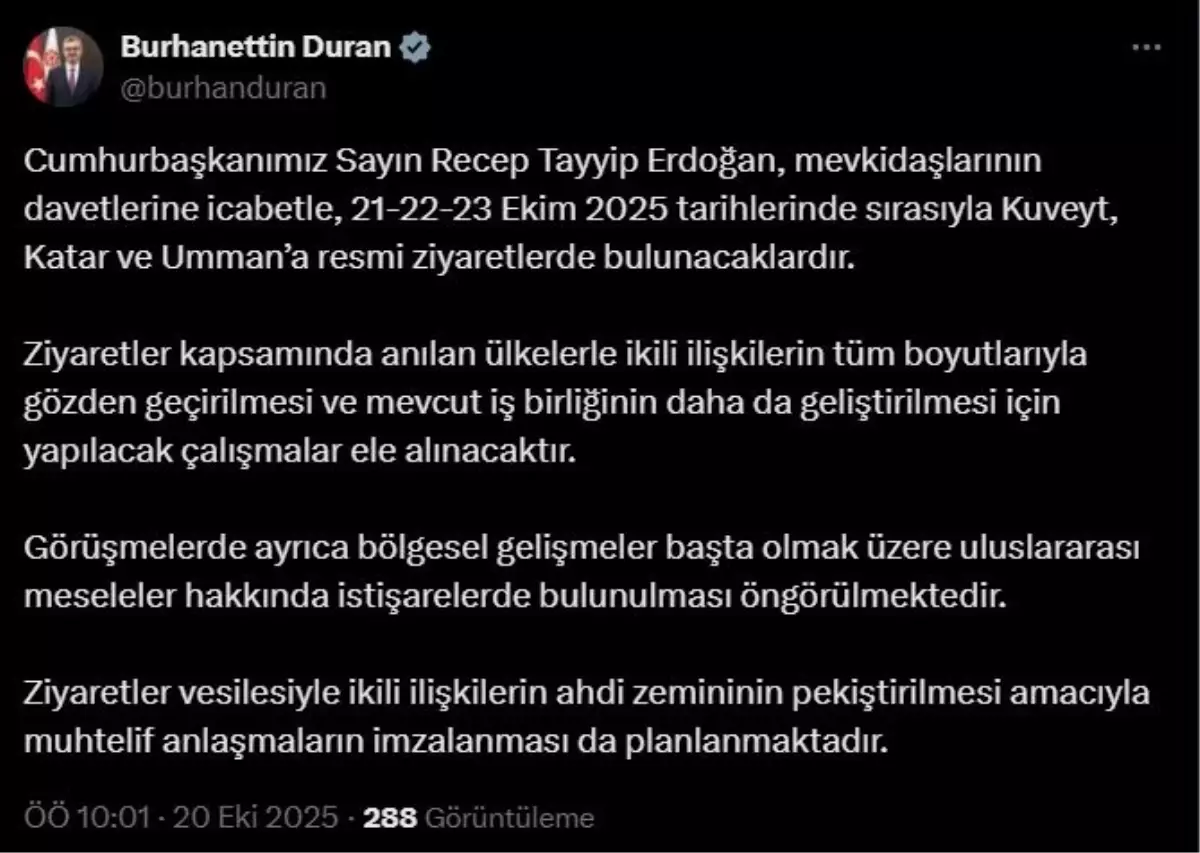 Cumhurbaşkanı Erdoğan Kuveyt, Katar ve Umman'a Resmi Ziyaret Gerçekleştiriyor