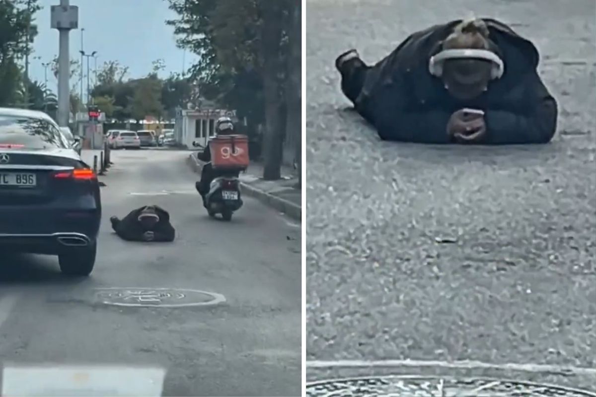 Dünya umurunda değil! Yolun ortasına uzanıp yaptığına bakın