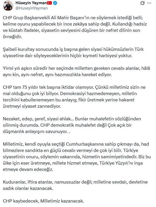 Strong reaction from Hüseyin Yayman to CHP's Ali Mahir Başarır's words