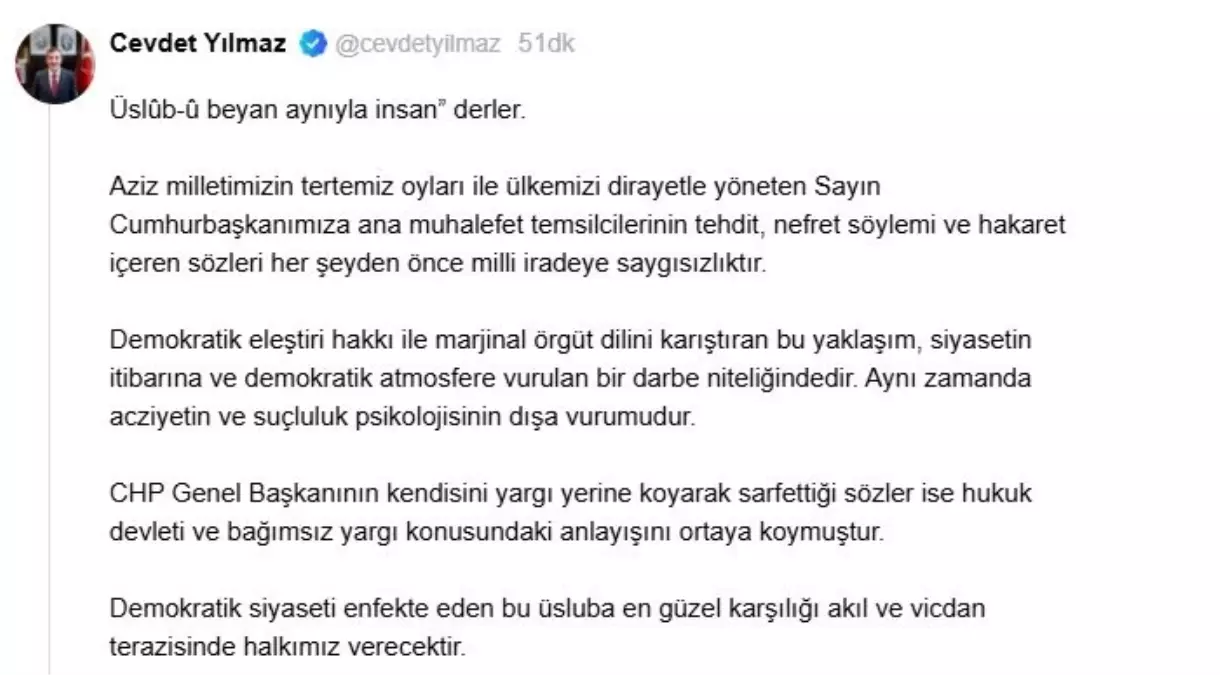 Cevdet Yılmaz'dan CHP Liderine Tepki: 'Milli İradeye Saygısızlık'