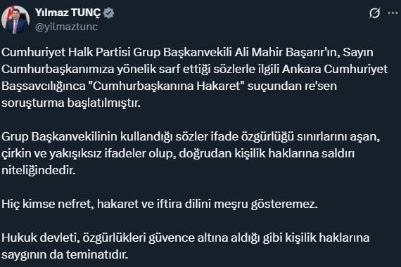 Investigation for insulting the president against CHP's Başarır