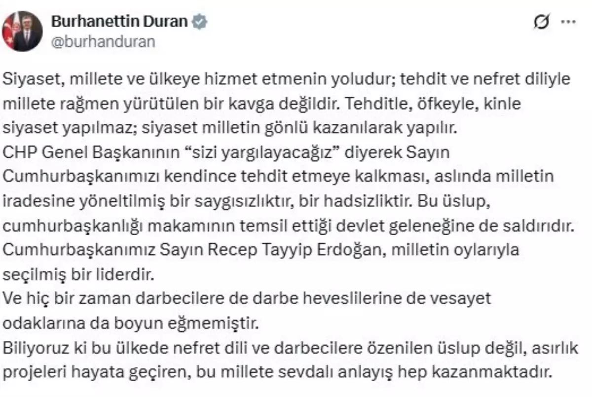 İletişim Başkanı Duran'dan Özgür Özel'e Tepki: Siyaset Tehdit ve Nefret Diliyle Yapılmaz