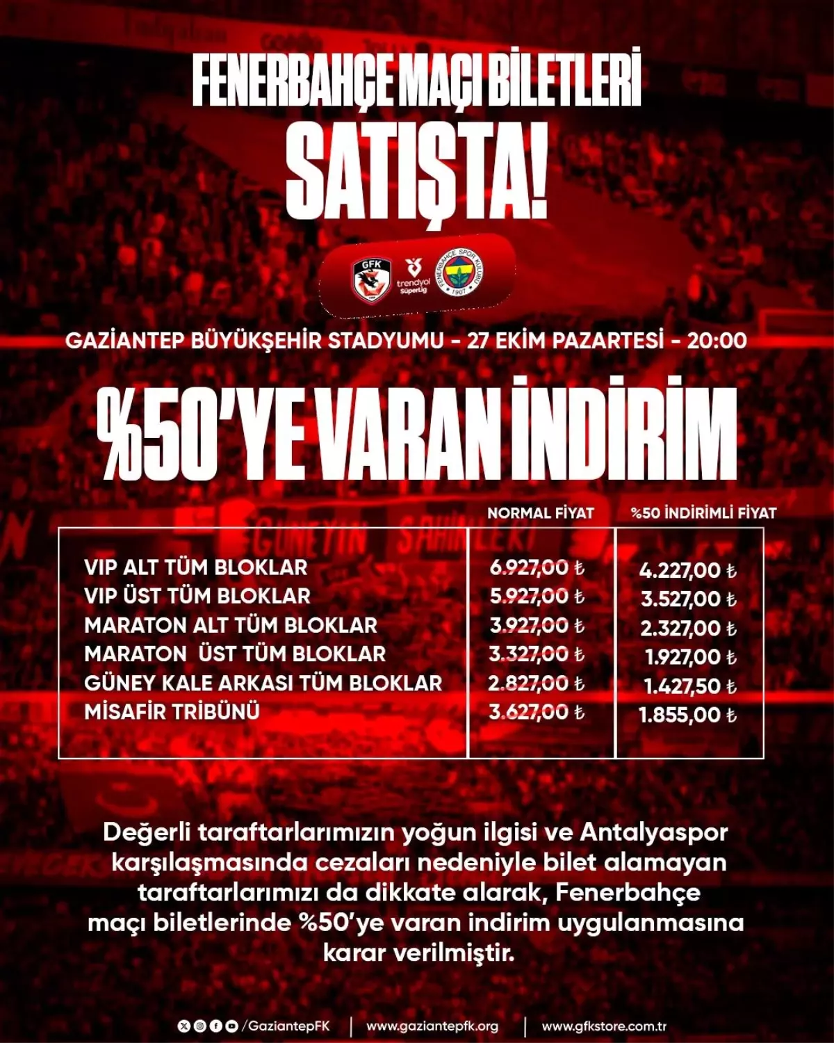 Gaziantep FK'den Fenerbahçe Maçı için Yüzde 50 Bilet İndirimi