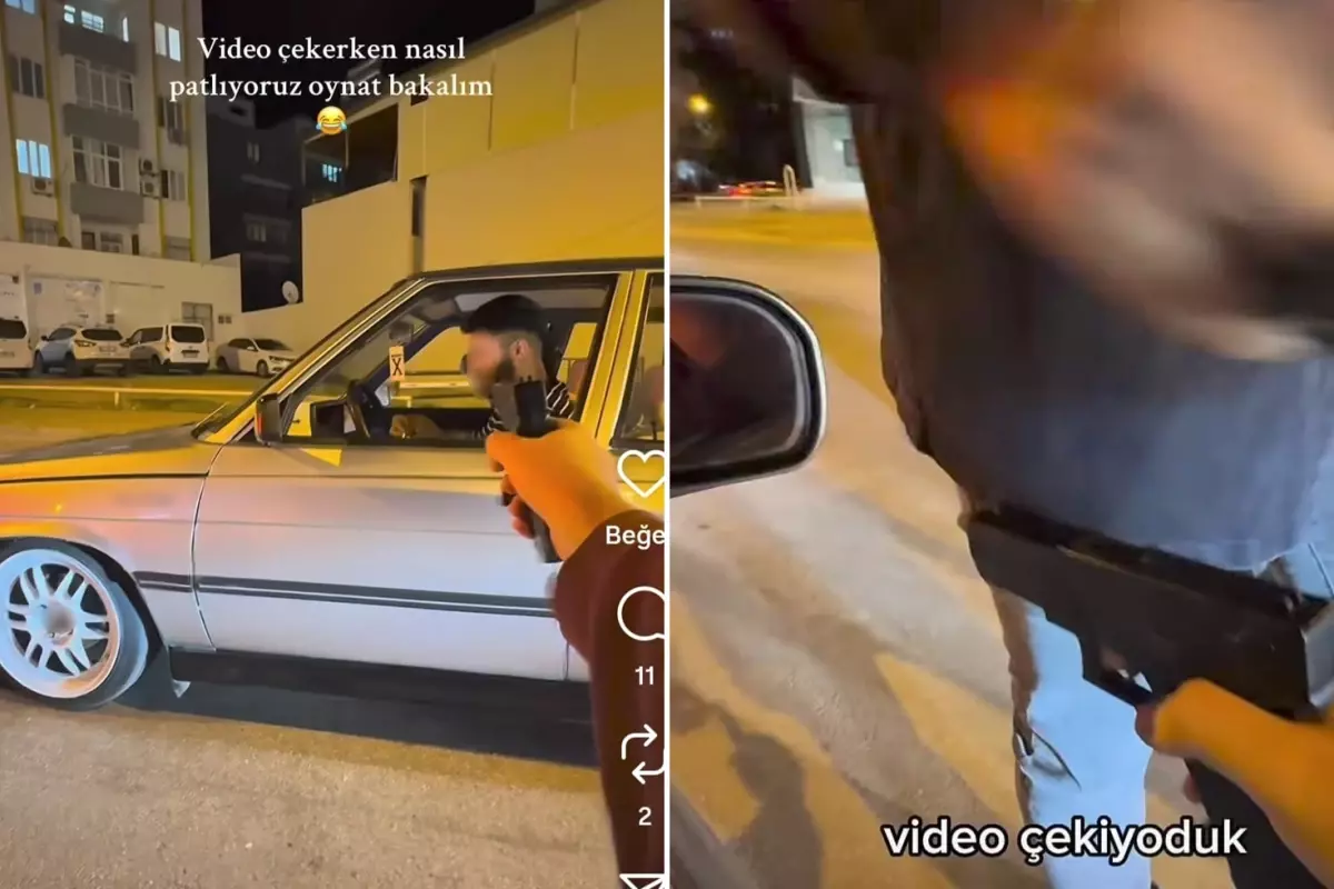 Silahla 'şaka' videosu çeken gençler polisi karşısında görünce donup kaldı