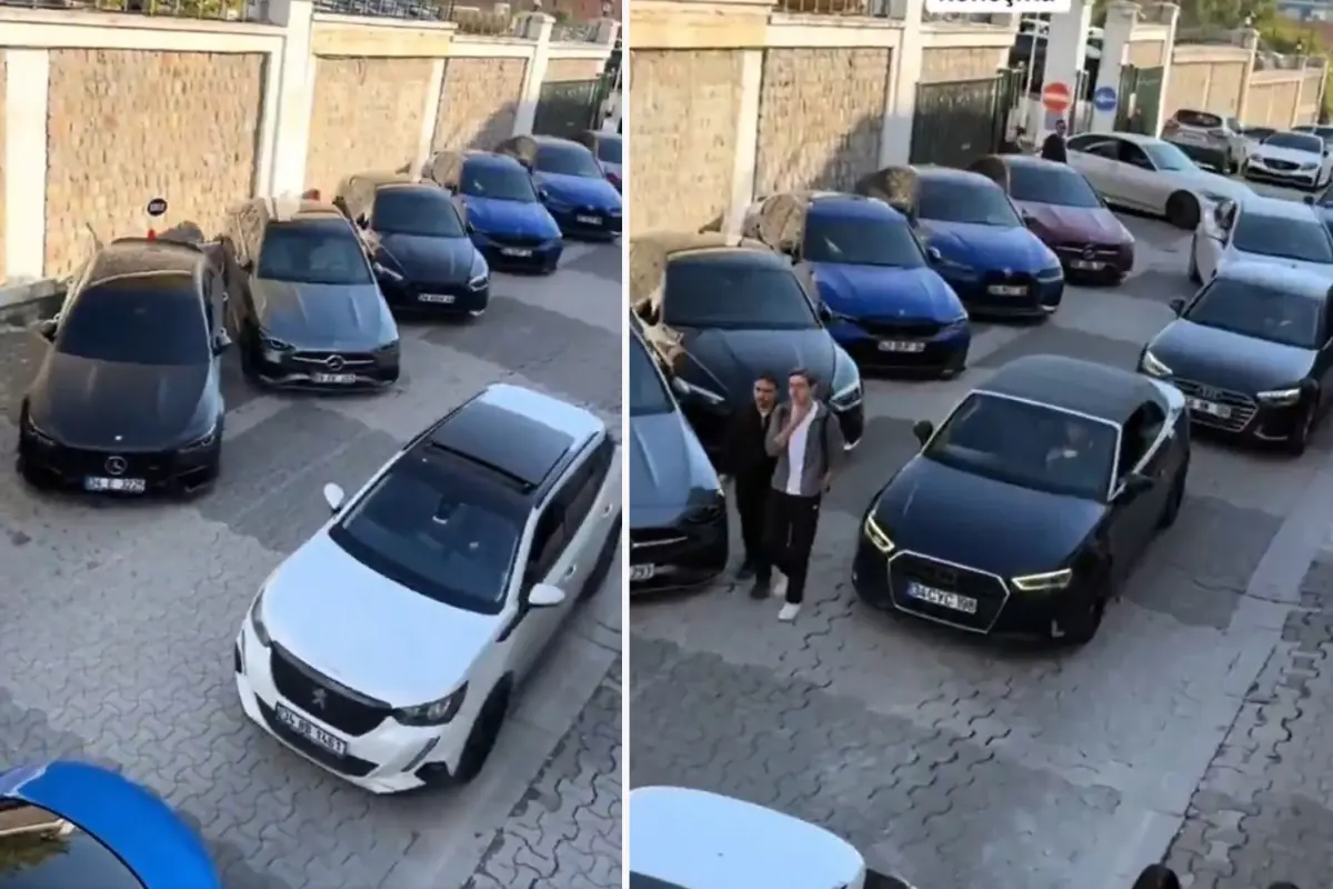 Üniversitenin otoparkında sıra sıra dizilen otomobillere bakın