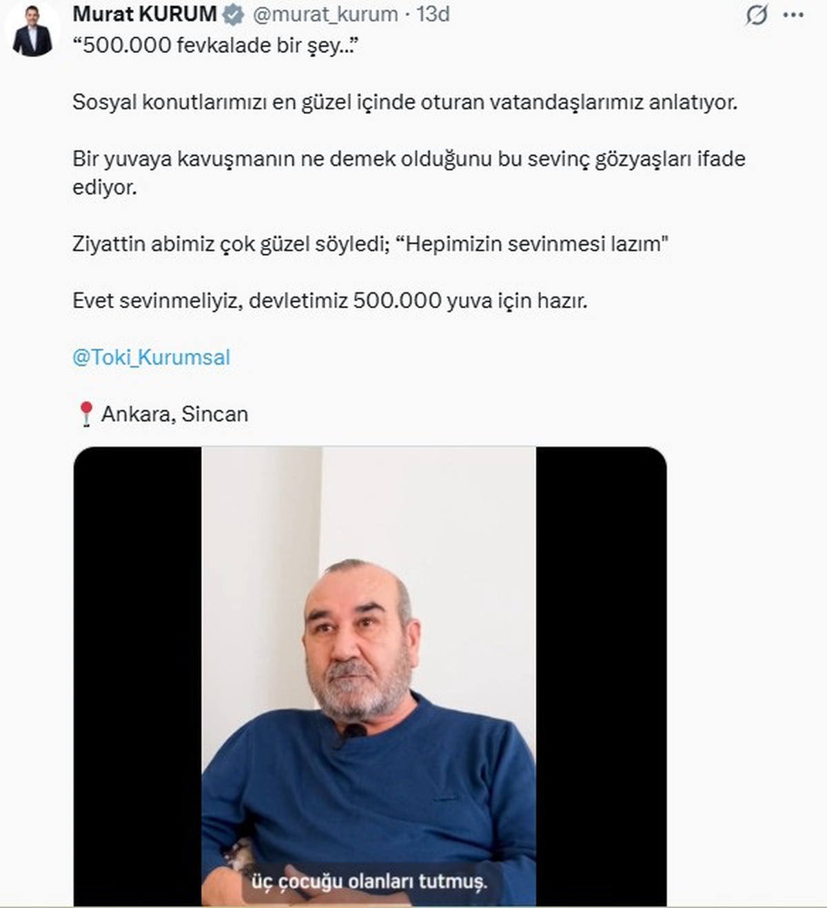 Bakan Kurum: Devletimiz 500 Bin Yuva için Hazır