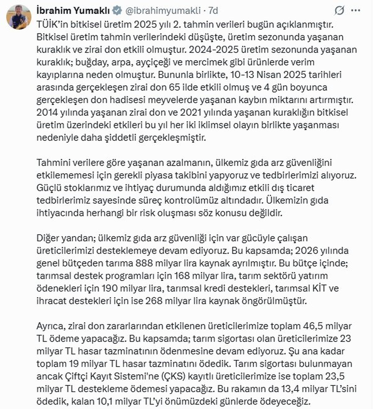 Tarım ve Orman Bakanı: Gıda Arz Güvenliği Risk Altında Değil