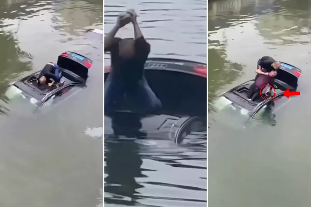 Nehre düşen araçta sıkışan sürücüyü böyle kurtardı! Telefonunu bir an bırakmadı