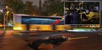 İstanbul'da sağanak nedeniyle yol çöktü, çukura giren taksi ters döndü