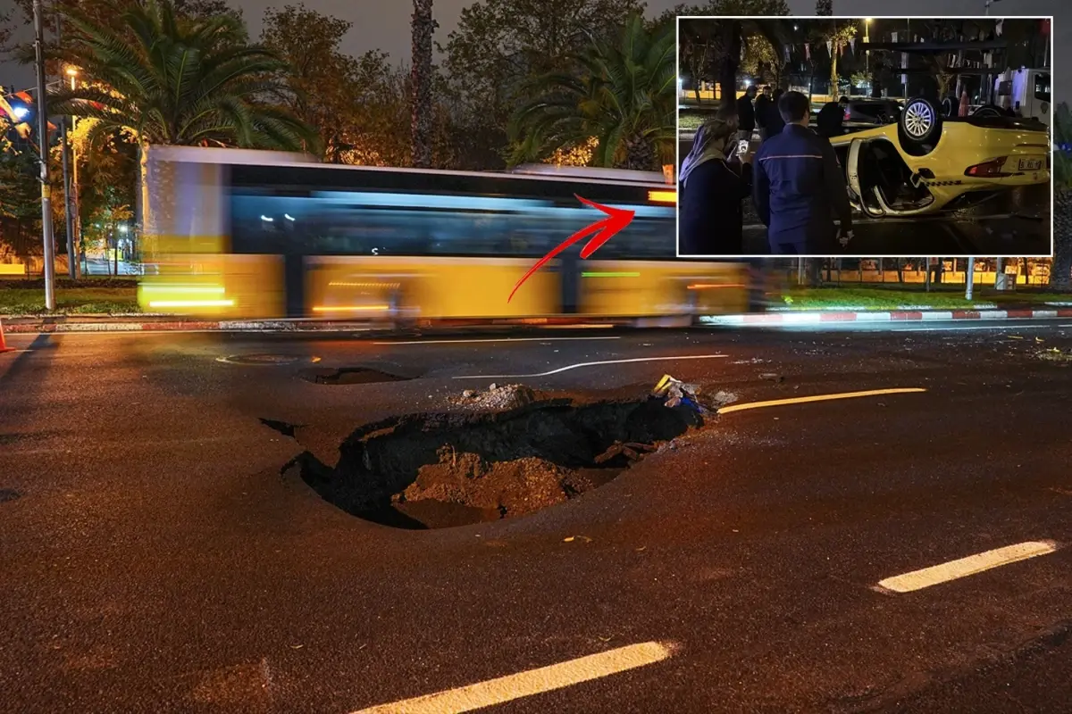 İstanbul'da sağanak nedeniyle yol çöktü, çukura giren taksi ters döndü