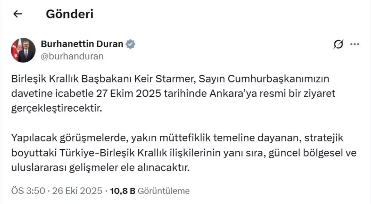 Birleşik Krallık Başbakanı Keir Starmer, Cumhurbaşkanı Erdoğan'ın Daveti Üzerine Ankara'ya Geliyor