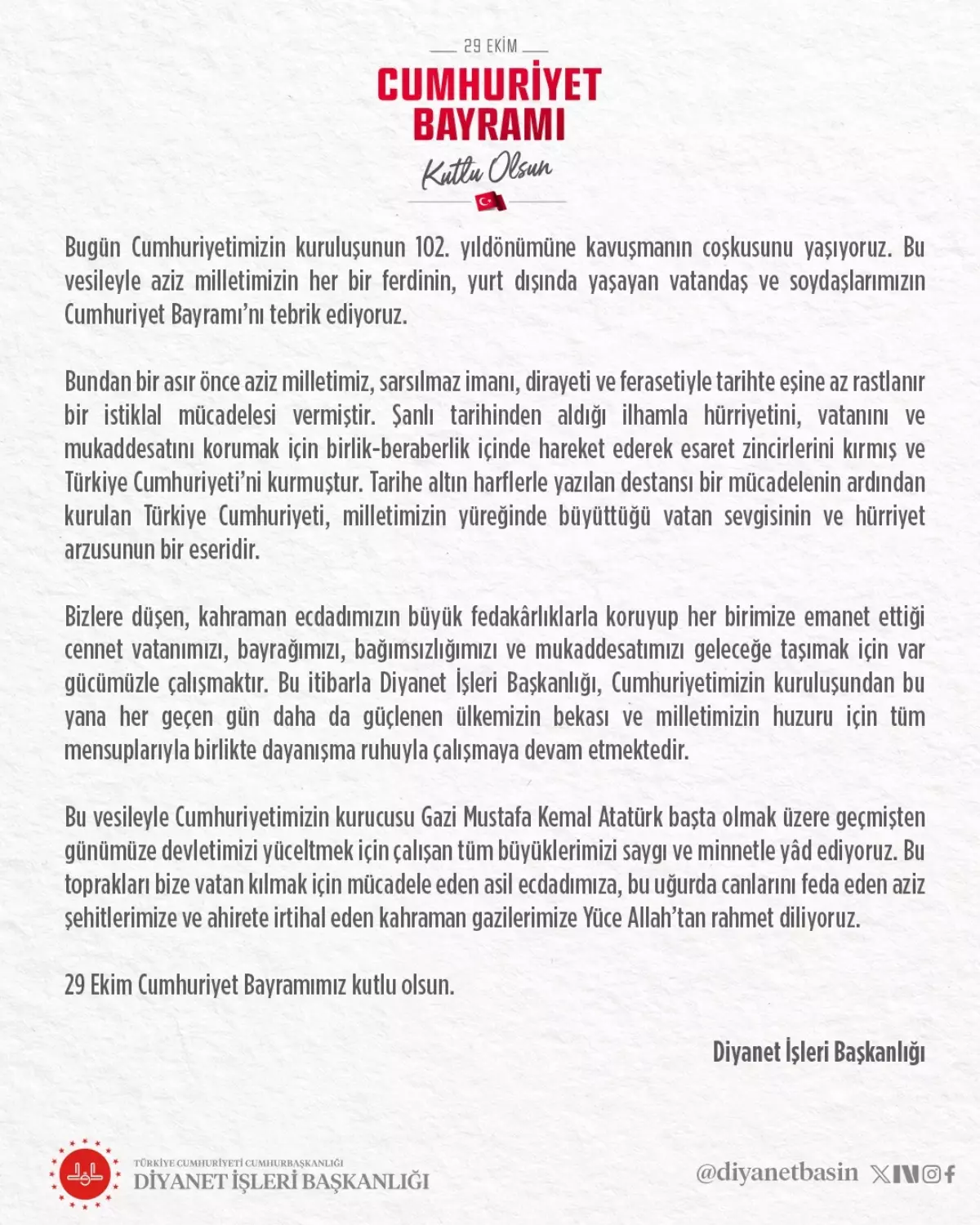 Diyanet İşleri Başkanlığı'ndan 29 Ekim Cumhuriyet Bayramı Mesajı