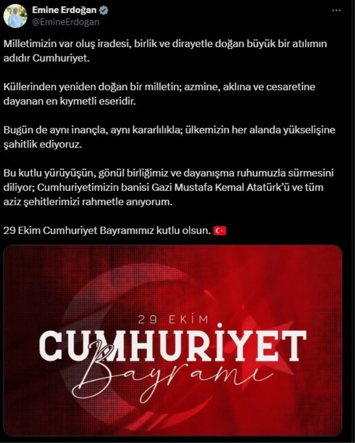 Emine Erdoğan'dan 29 Ekim Cumhuriyet Bayramı mesajı
