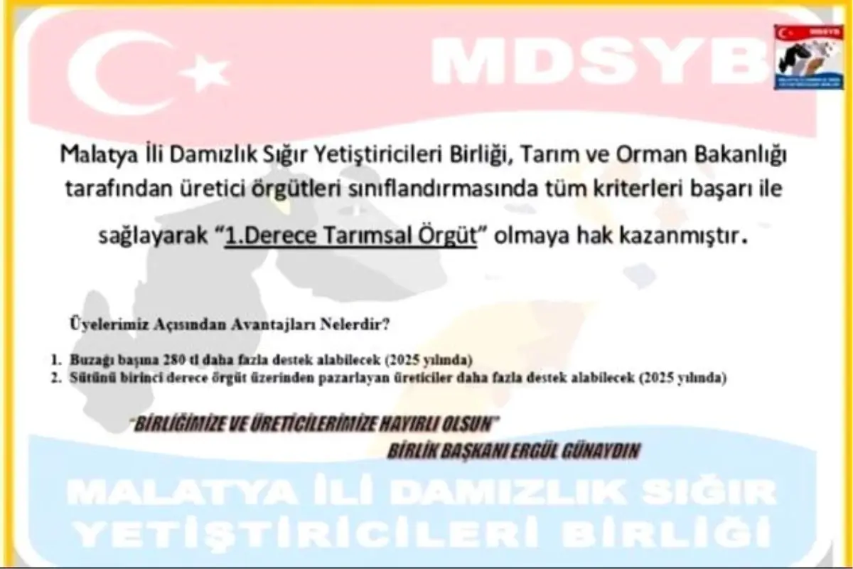 Malatya Damızlık Sığır Yetiştiricileri Birliği'ne 'Birinci Derece Tarımsal Örgüt' Unvanı