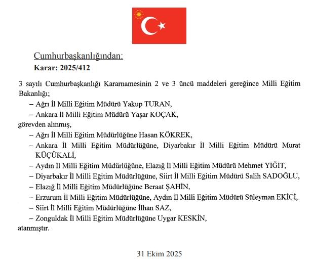 İl Milli Eğitim müdürleri değişti mi? Yeni Ankara, Aydın, Diyarbakır, Elazığ, Erzurum, Siirt Zonguldak İl Milli Eğitim Müdürü kim oldu?