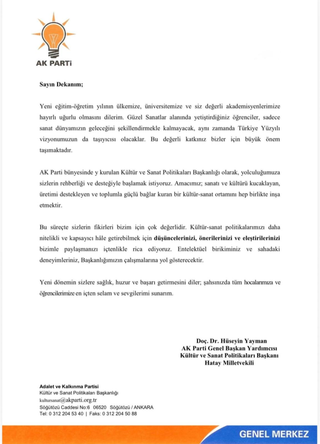 AK Parti Genel Başkan Yardımcısı Yayman'dan güzel sanatlar fakültelerine yeni eğitim dönemi mektubu