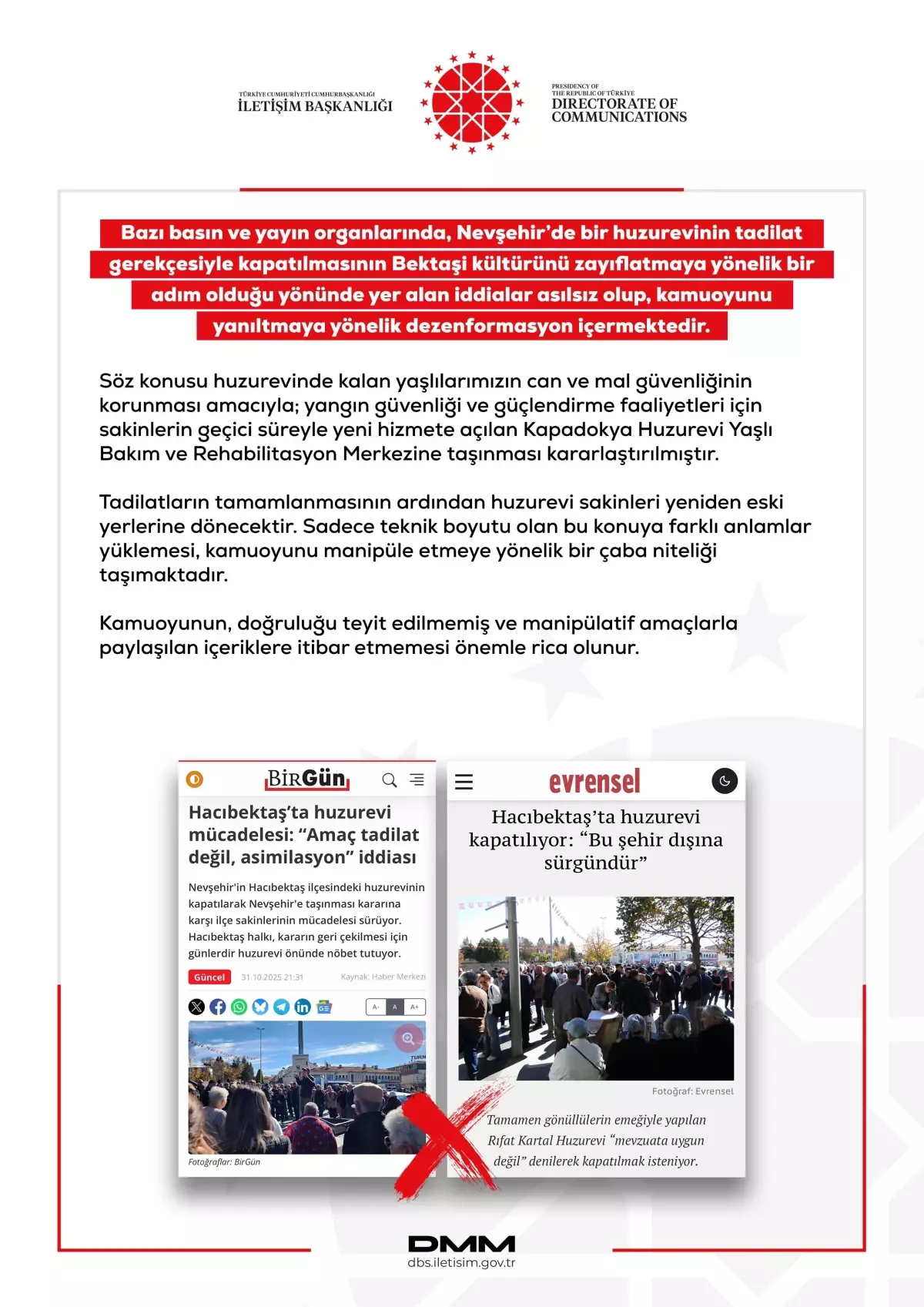 Dezenformasyonla Mücadele Merkezi'nden Huzurevi Açıklaması