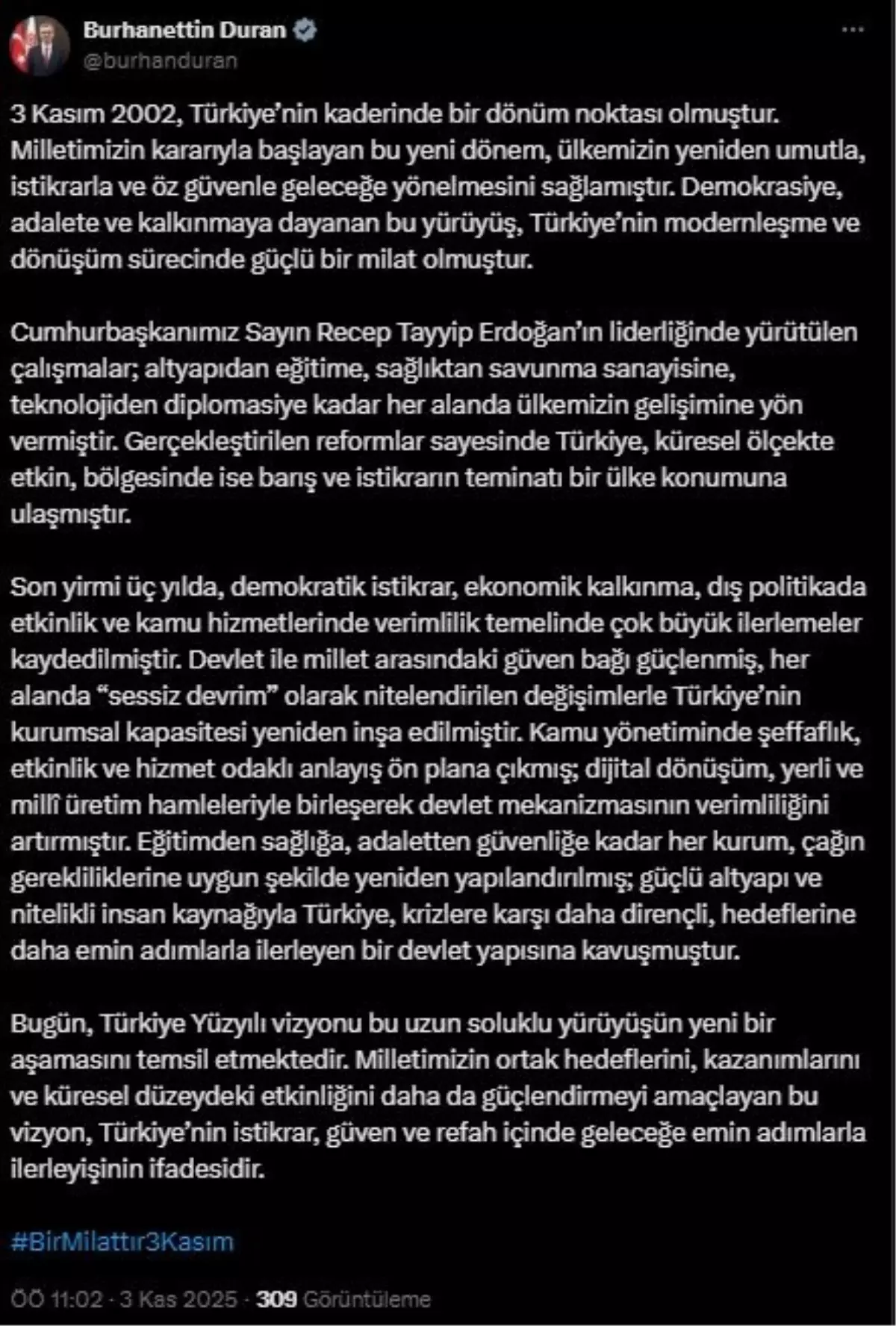 İletişim Başkanı Duran'dan 3 Kasım 2002 Seçim Zaferi Değerlendirmesi