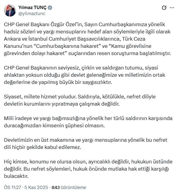 Another investigation against CHP leader Özel due to his remarks about Erdoğan