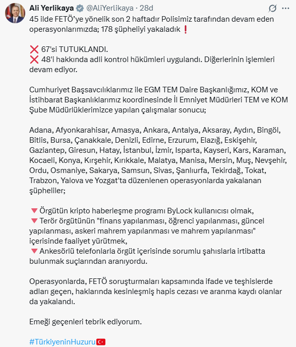 45 ilde dev FETÖ operasyonu! 178 şüpheli yakalandı, 67'si tutuklandı 3 45 ilde dev feto operasyonu 178 supheli 19227437 3065 m