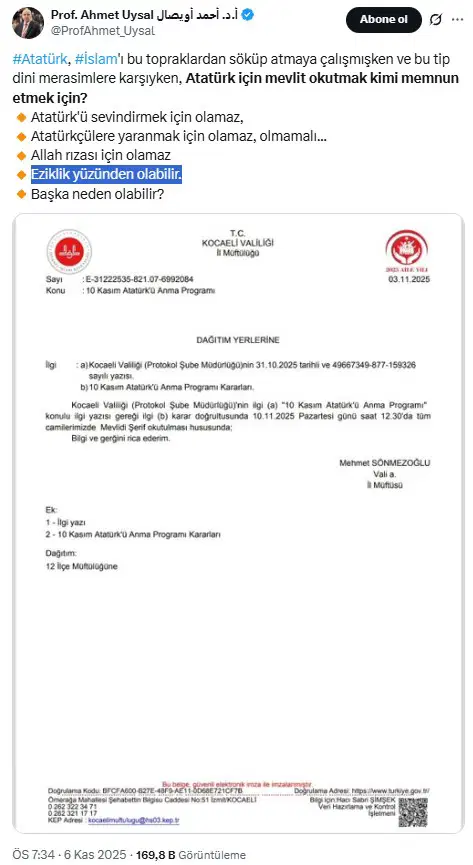 Scandalous Atatürk post from Professor Ahmet Uysal! Deleted hastily after backlash