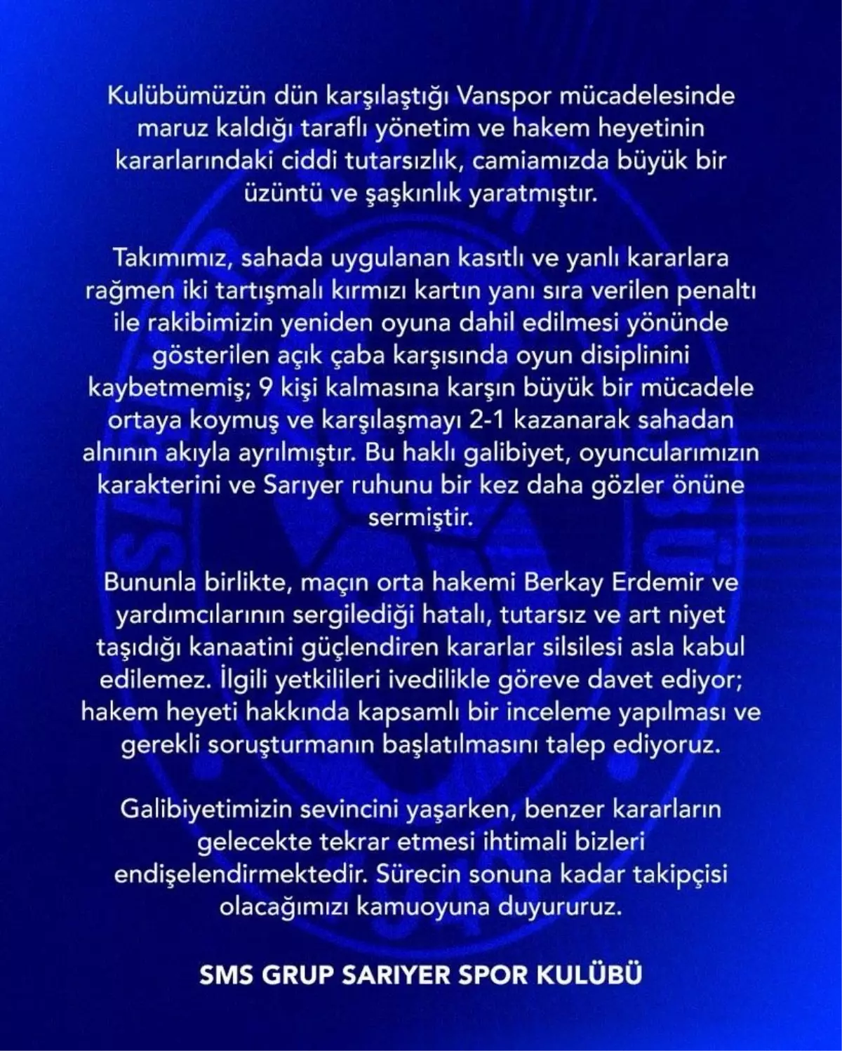 Sarıyer, Vanspor Maçının Hakem Heyeti Hakkında Soruşturma Talep Etti
