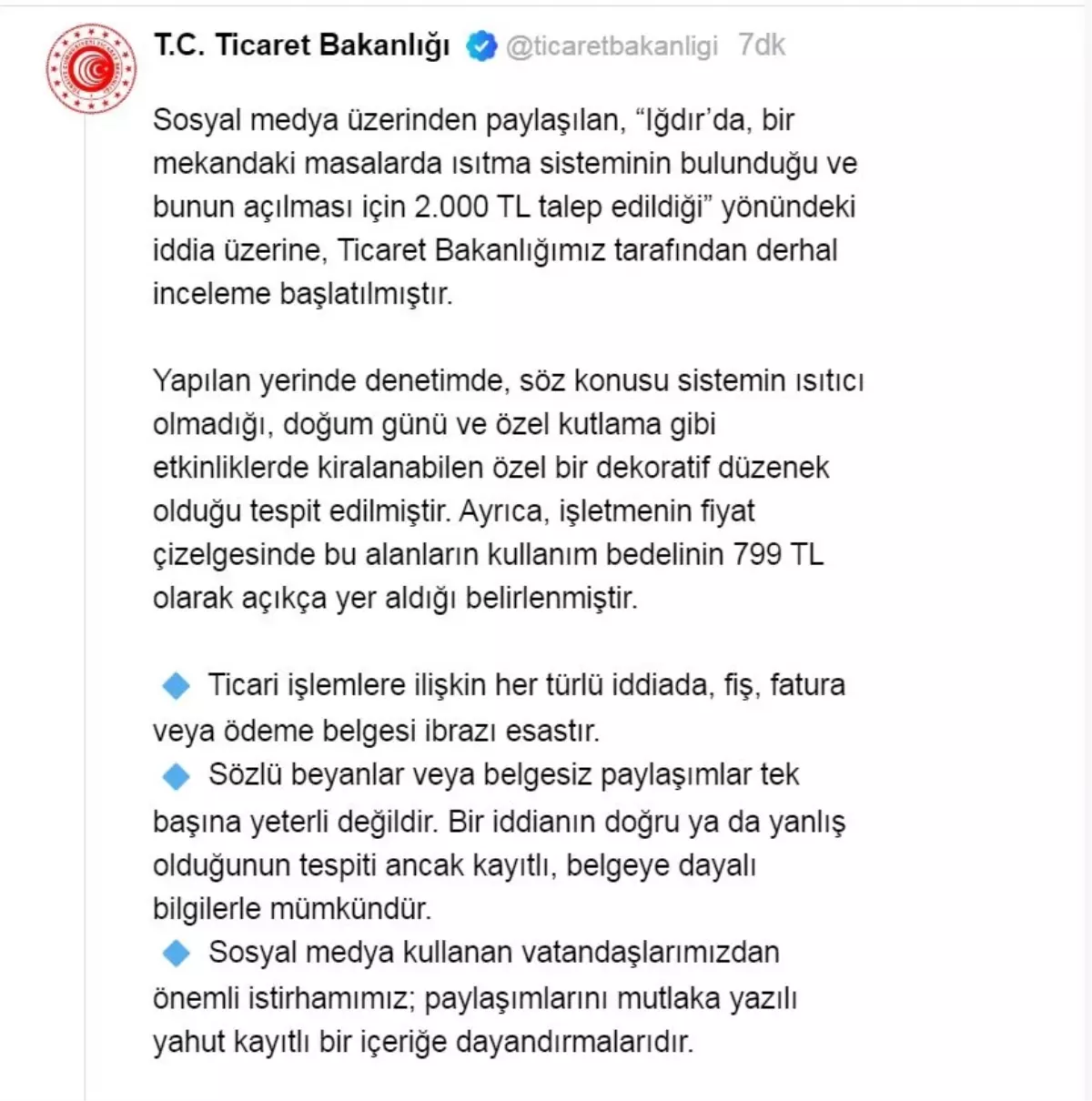 Ticaret Bakanlığı'ndan Iğdır'daki İddialara Açıklama