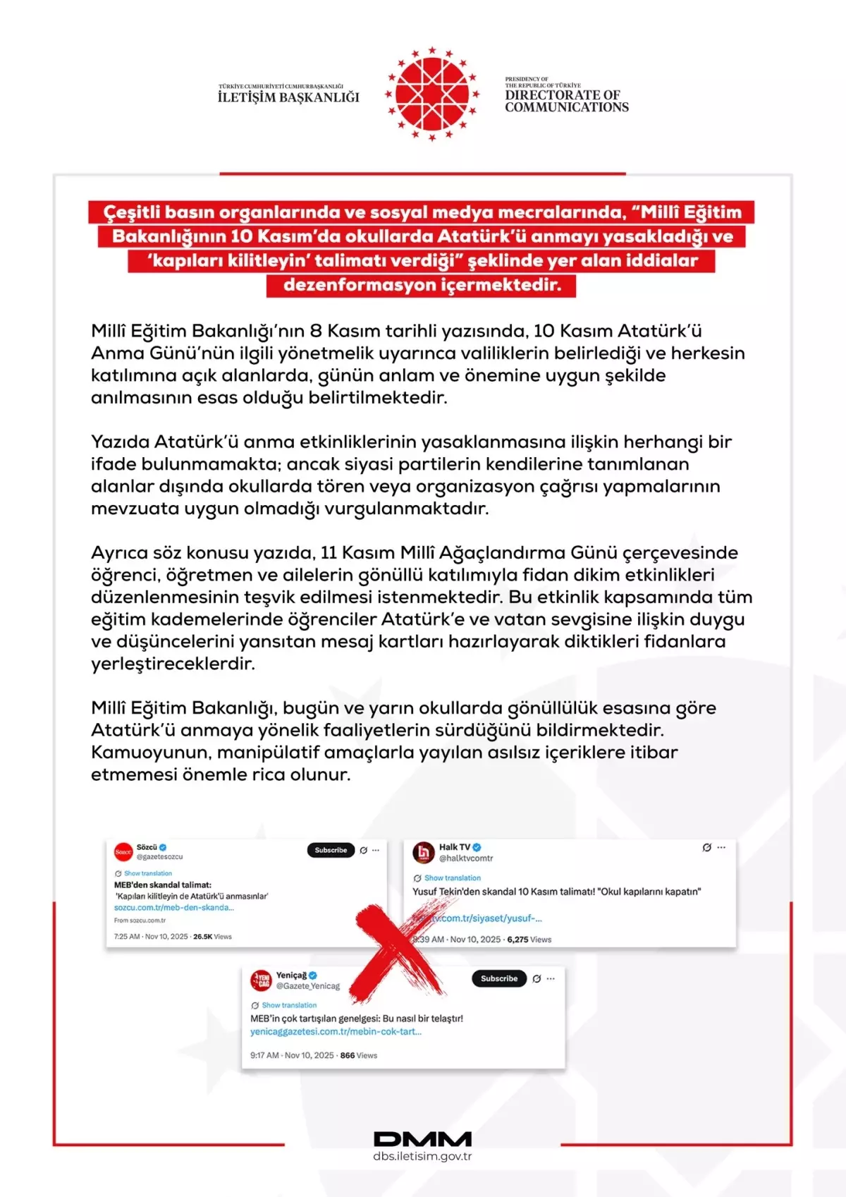 Dezenformasyon Merkezi, Atatürk'ü Anma Yasaklaması İddialarını Reddetti