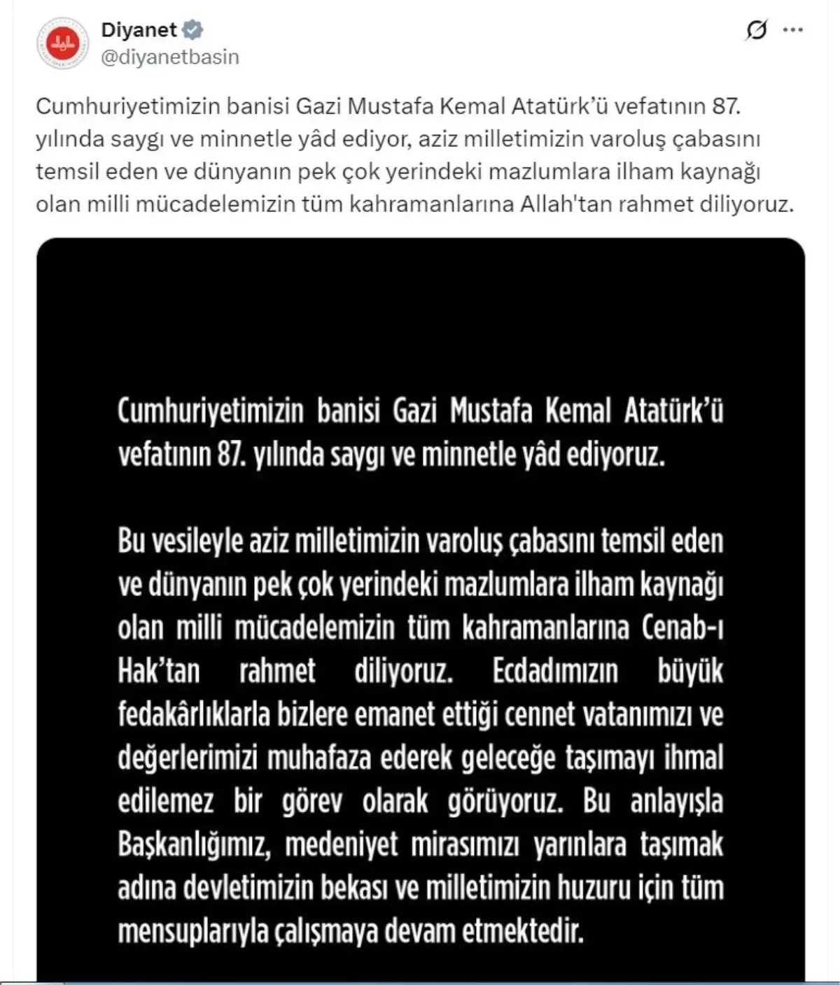 Diyanet İşleri Başkanlığı'ndan Atatürk anma mesajı