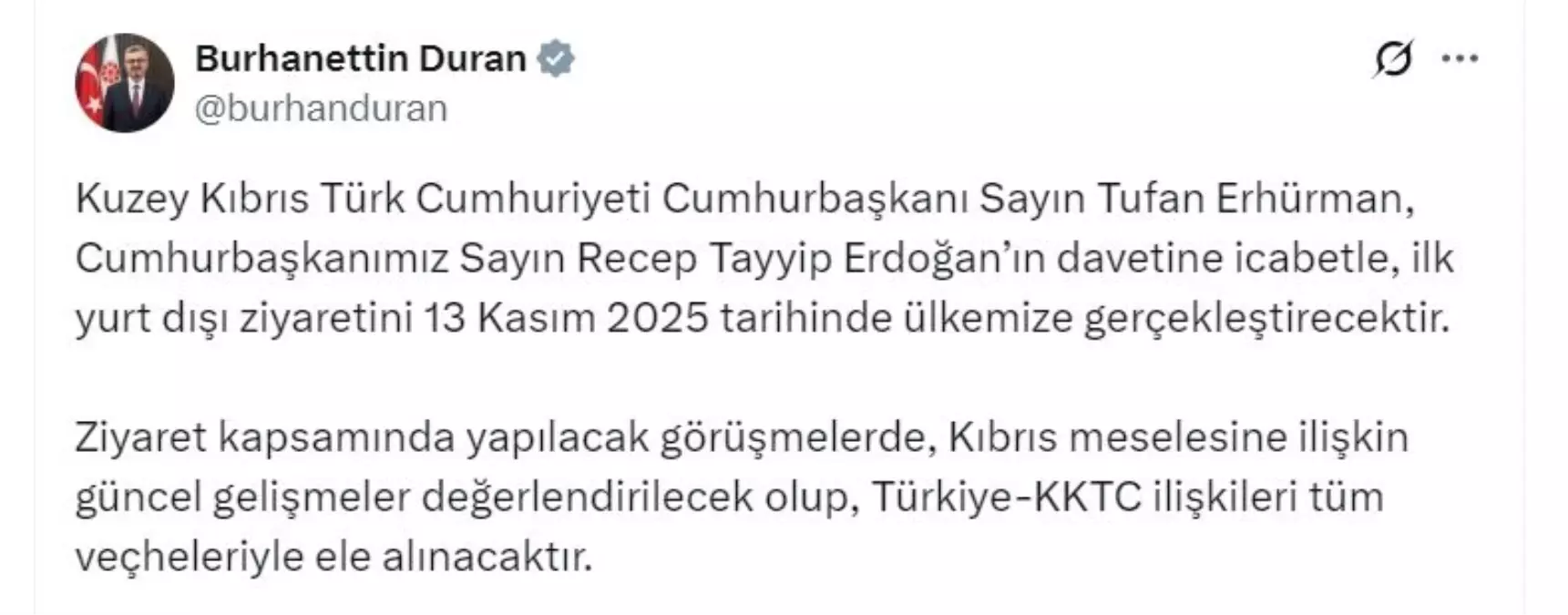 KKTC Cumhurbaşkanı Erhürman, 13 Kasım'da Türkiye'yi ziyaret edecek
