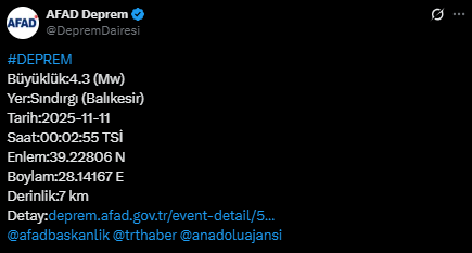 Another earthquake of magnitude 4.9 occurred in Balıkesir