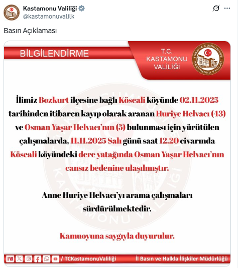 5-year-old Osman Helvacı, who went missing with his mother in Kastamonu, was found dead