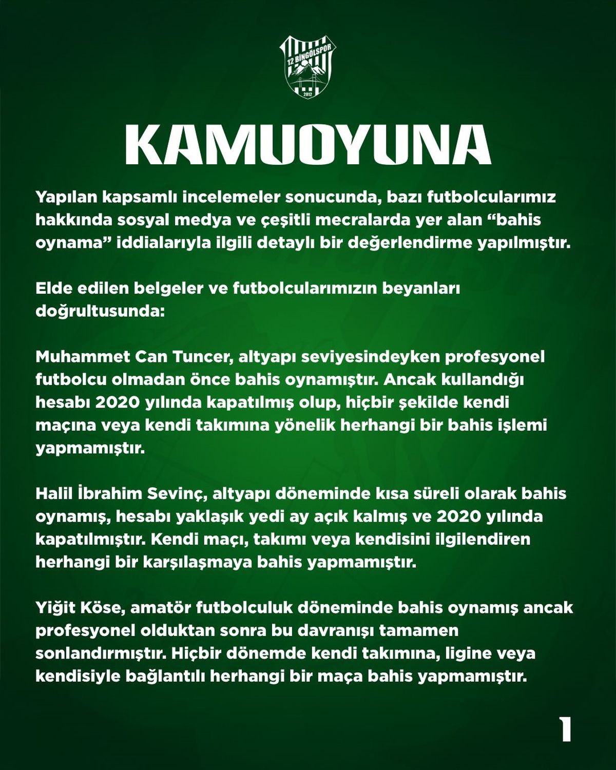Bingölspor'dan Bahis Soruşturması Açıklaması