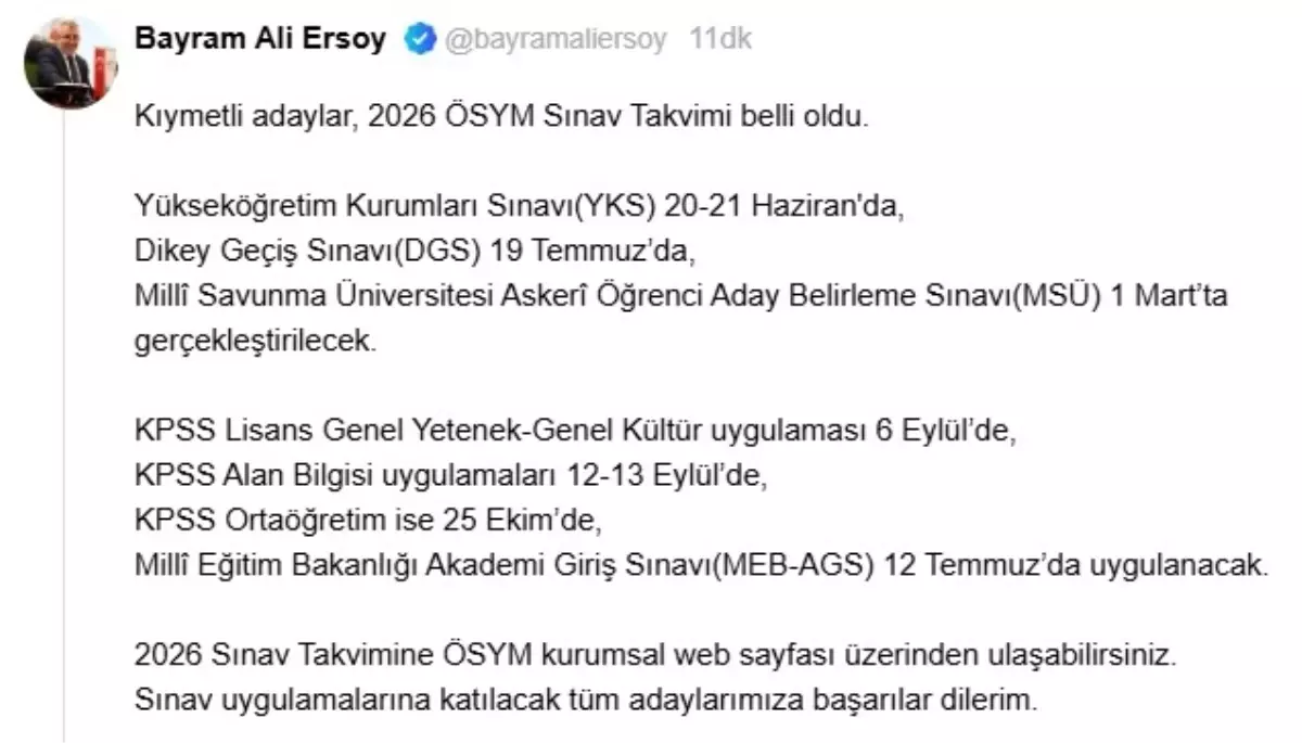 2026 ÖSYM Sınav Takvimi Açıklandı