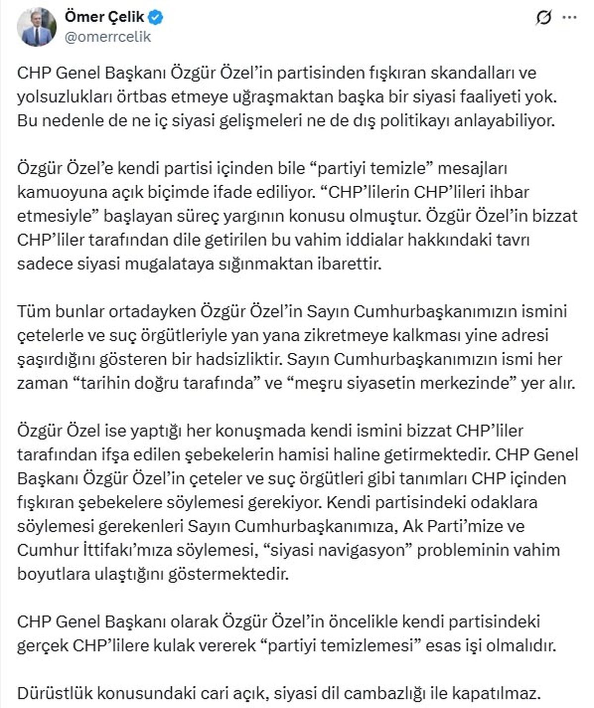 Ömer Çelik'ten Özgür Özel'e Sert Eleştiri