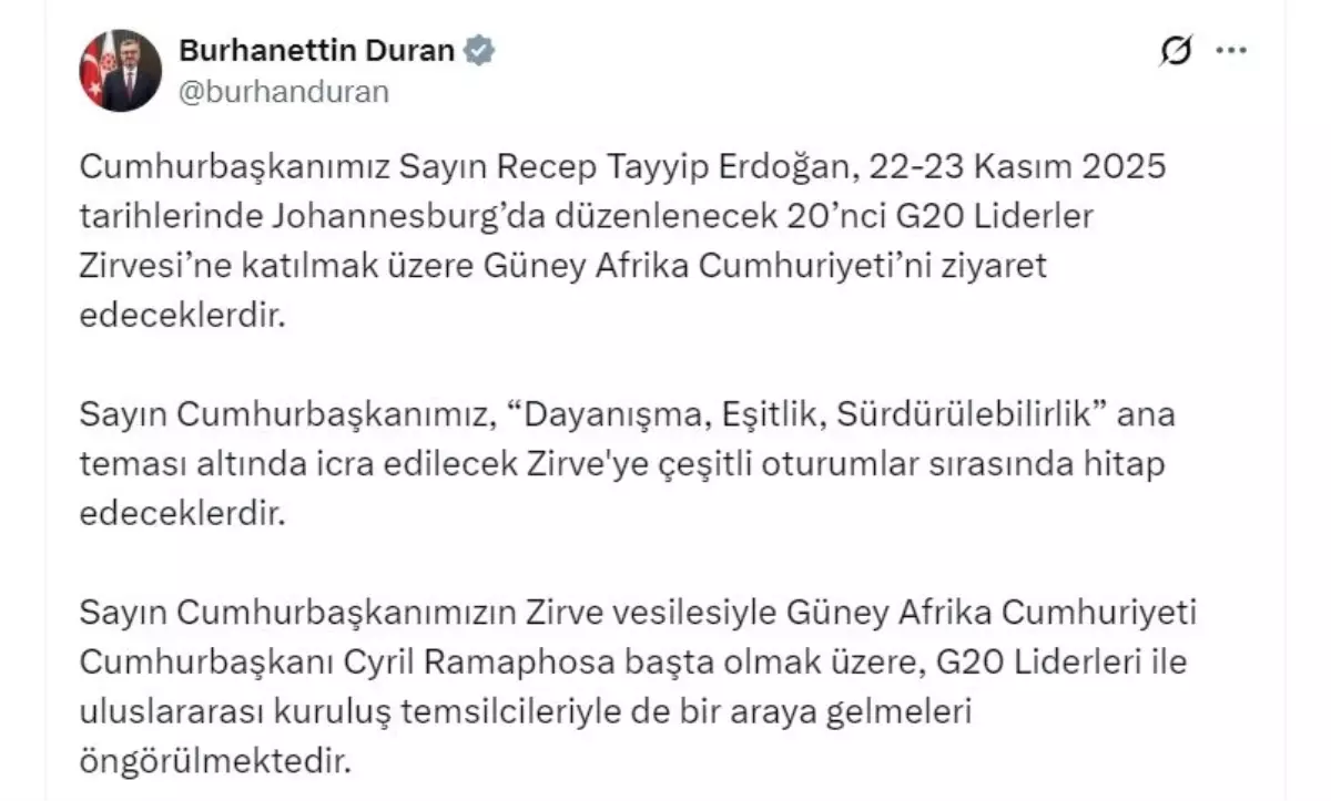 Cumhurbaşkanı Erdoğan, Güney Afrika Cumhuriyeti'ne gidecek