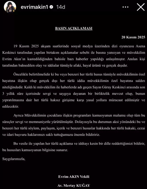 A reference from Zeynep Gülmez to Evrim Akın