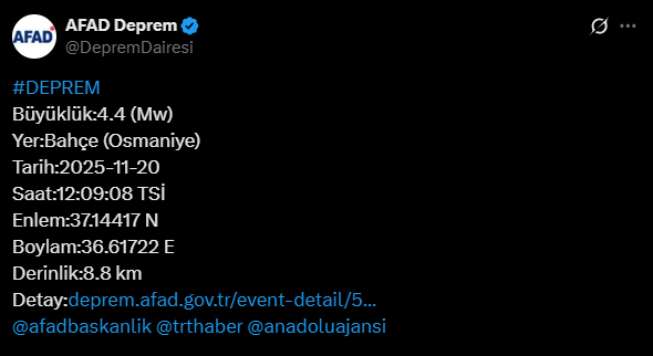 Earthquake of magnitude 4.4 in Osmaniye
